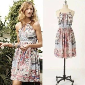 Anthropologie Floreat Silk Printed Rope Tie-Neck Dress